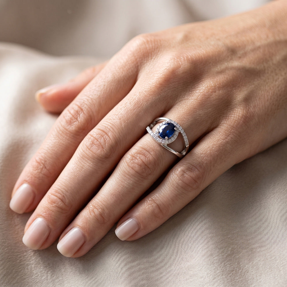 2.75 Kt Ovaler Ceylon Blauer Saphir Und Aus der Erde Abgebauter Natürlicher Diamant Ring Weißgold 14K