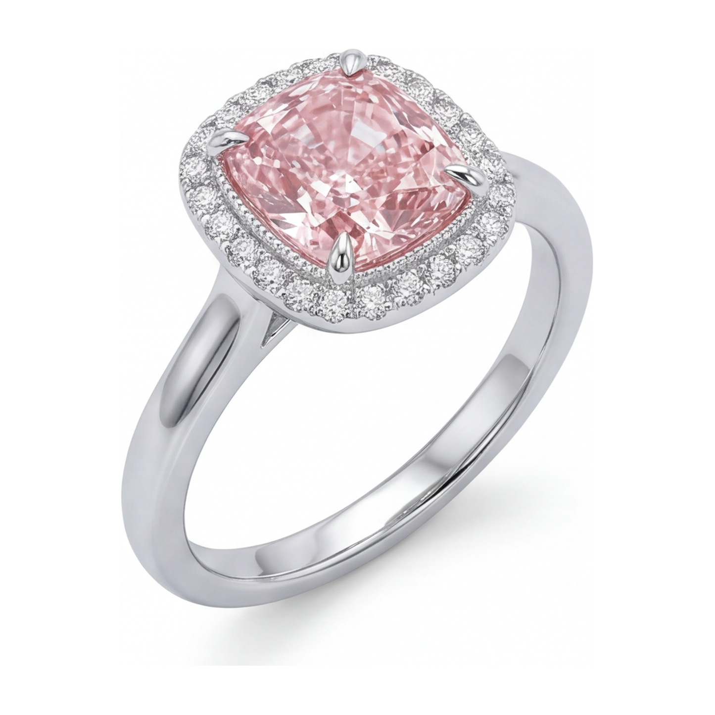 Rosa Diamantring 2,75 Karat im Labor gezüchtet Kissenschliff Halo 14 Karat Weißgold