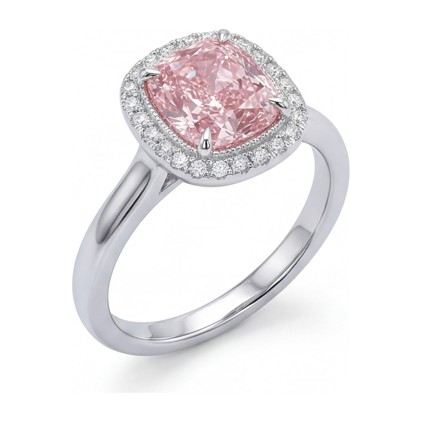 Rosa Diamantring 2,75 Karat im Labor gezüchtet Kissenschliff Halo 14 Karat Weißgold
