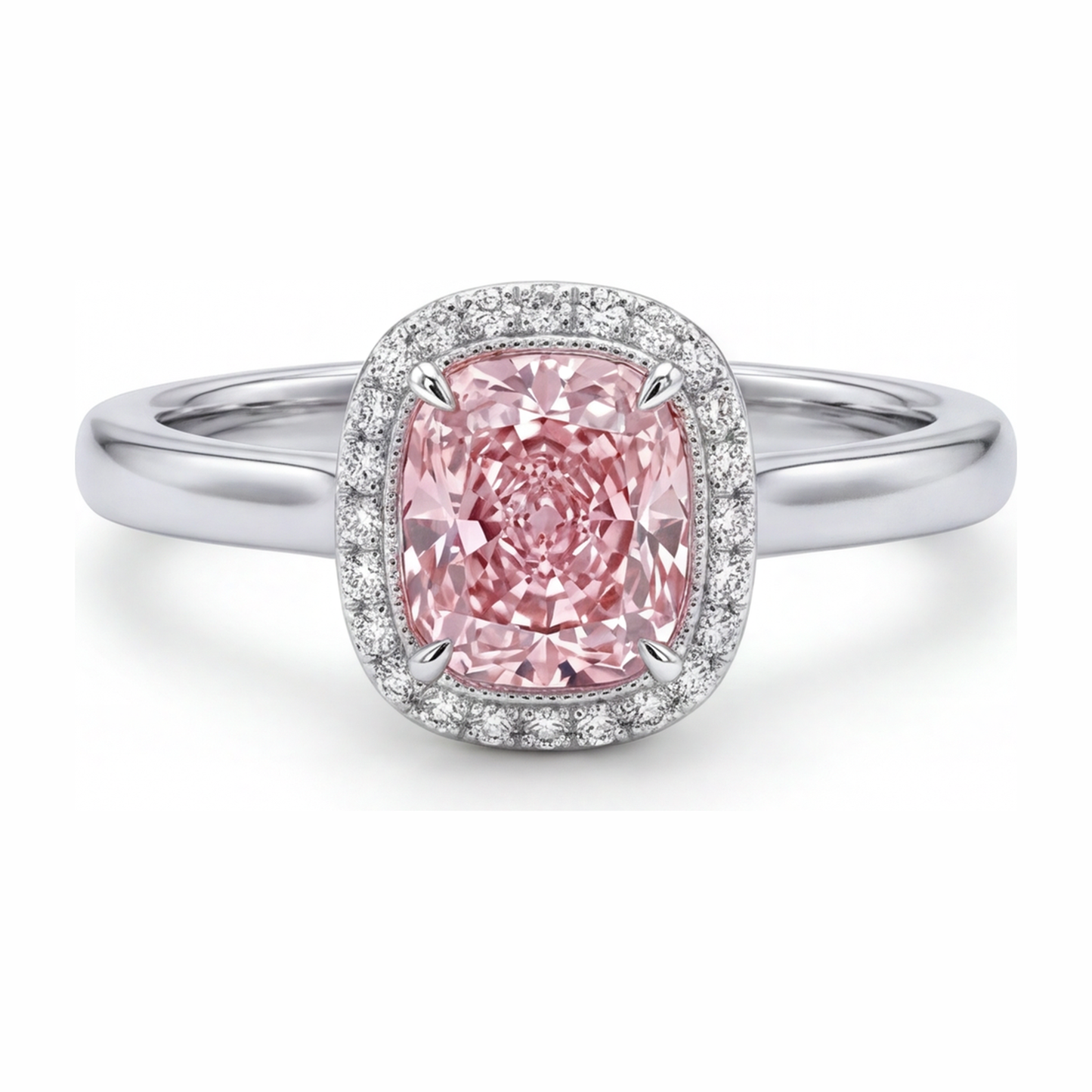 Rosa Diamantring 2,75 Karat im Labor gezüchtet Kissenschliff Halo 14 Karat Weißgold