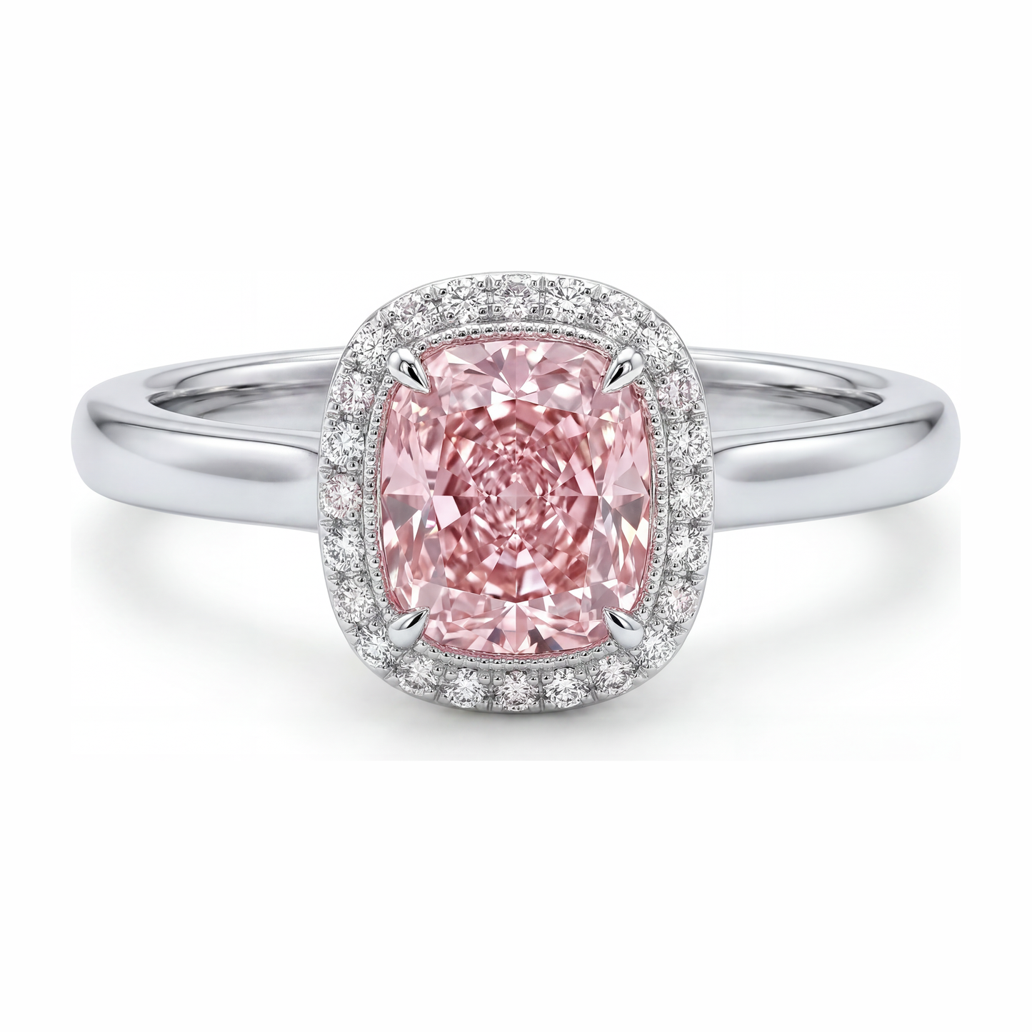 Rosa Diamantring 2,75 Karat im Labor gezüchtet Kissenschliff Halo 14 Karat Weißgold