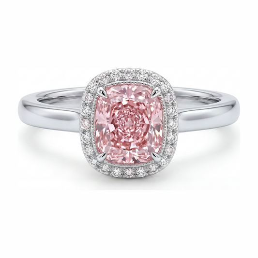 Rosa Diamantring 2,75 Karat im Labor gezüchtet Kissenschliff Halo 14 Karat Weißgold