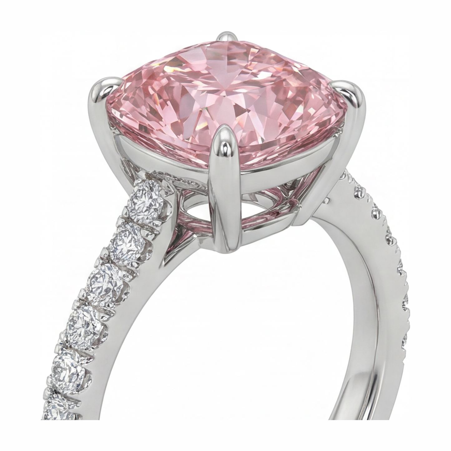 Rosa Diamantring 2,75 Karat im Labor gezüchtet Kissenschliff Pavé 14 Karat Weißgold