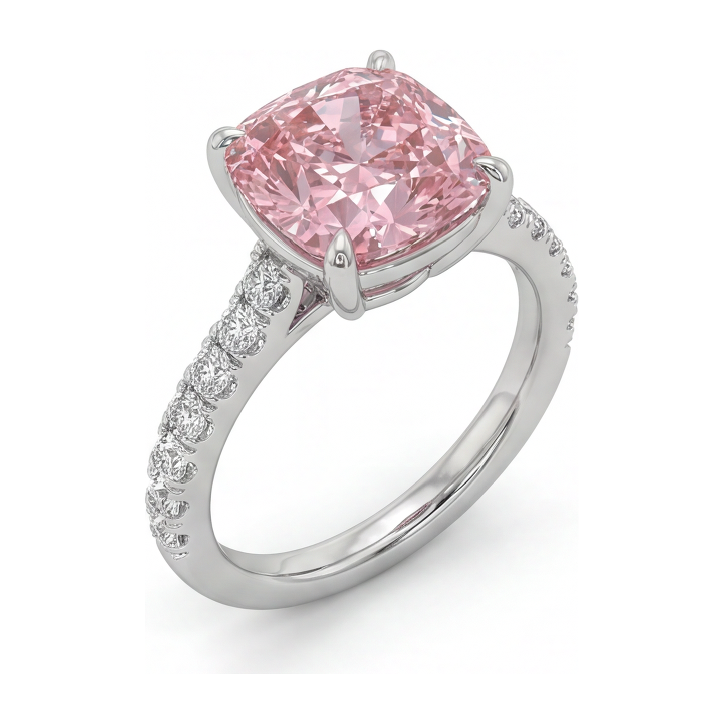 Rosa Diamantring 2,75 Karat im Labor gezüchtet Kissenschliff Pavé 14 Karat Weißgold