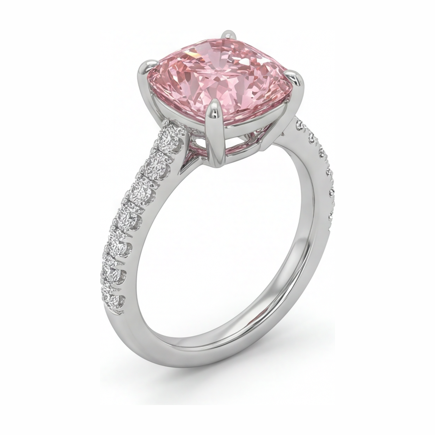 Rosa Diamantring 2,75 Karat im Labor gezüchtet Kissenschliff Pavé 14 Karat Weißgold