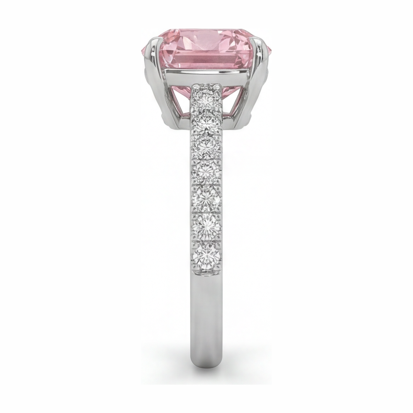 Rosa Diamantring 2,75 Karat im Labor gezüchtet Kissenschliff Pavé 14 Karat Weißgold