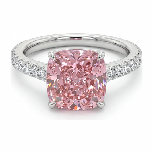 Rosa Diamantring 2,75 Karat im Labor gezüchtet Kissenschliff Pavé 14 Karat Weißgold