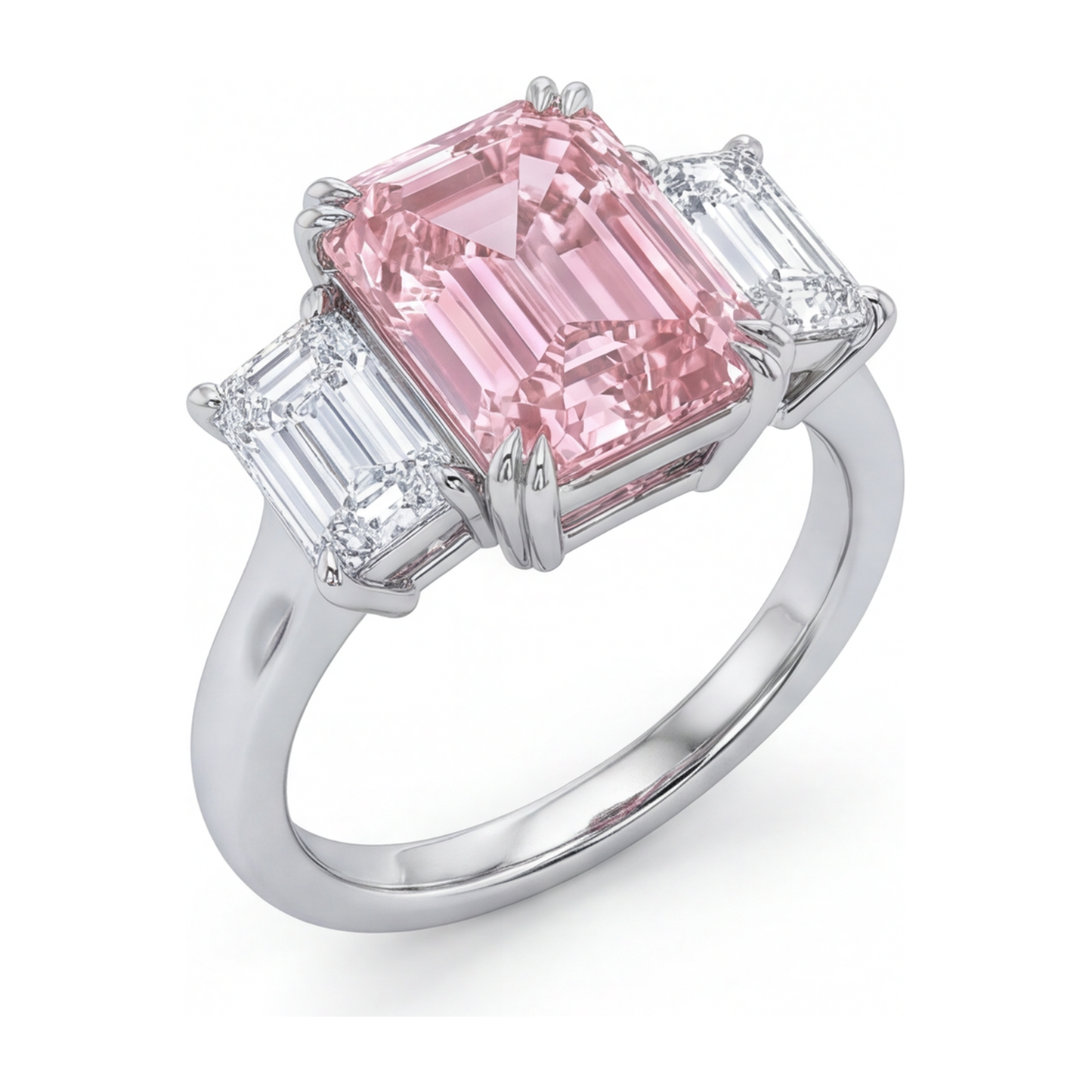 Im Labor gezüchteter rosa Diamant 2,75 Karat Drei-Steine-Ring im Smaragdschliff aus 14 Karat Weißgold