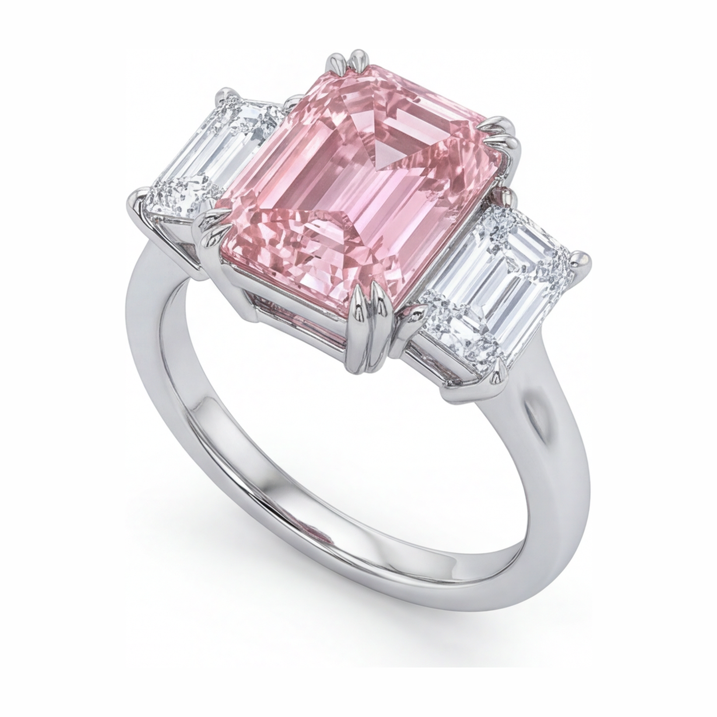 Im Labor gezüchteter rosa Diamant 2,75 Karat Drei-Steine-Ring im Smaragdschliff aus 14 Karat Weißgold