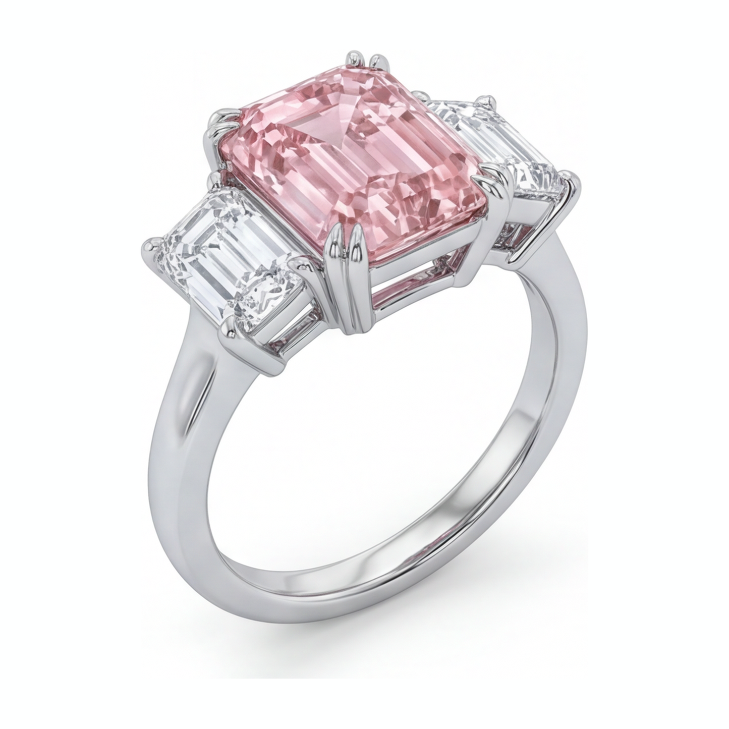 Im Labor gezüchteter rosa Diamant 2,75 Karat Drei-Steine-Ring im Smaragdschliff aus 14 Karat Weißgold