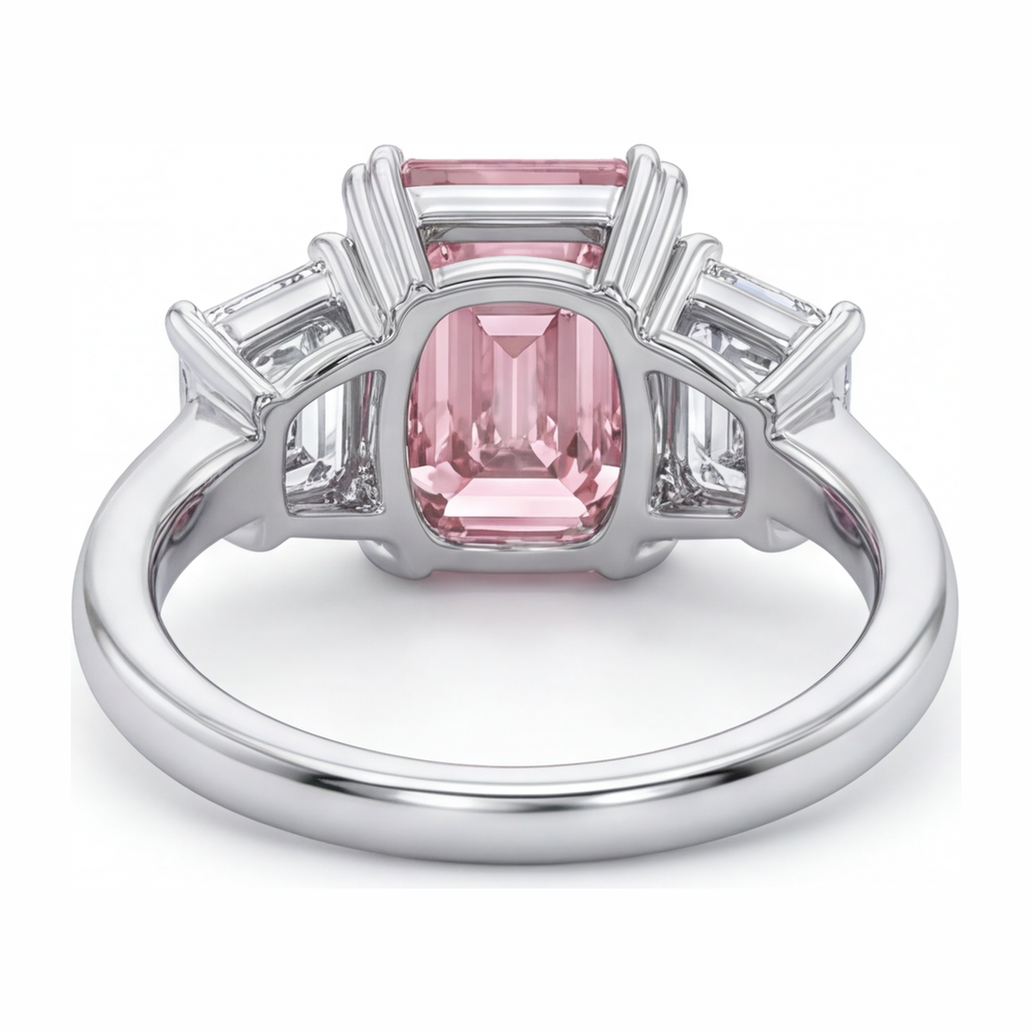 Im Labor gezüchteter rosa Diamant 2,75 Karat Drei-Steine-Ring im Smaragdschliff aus 14 Karat Weißgold