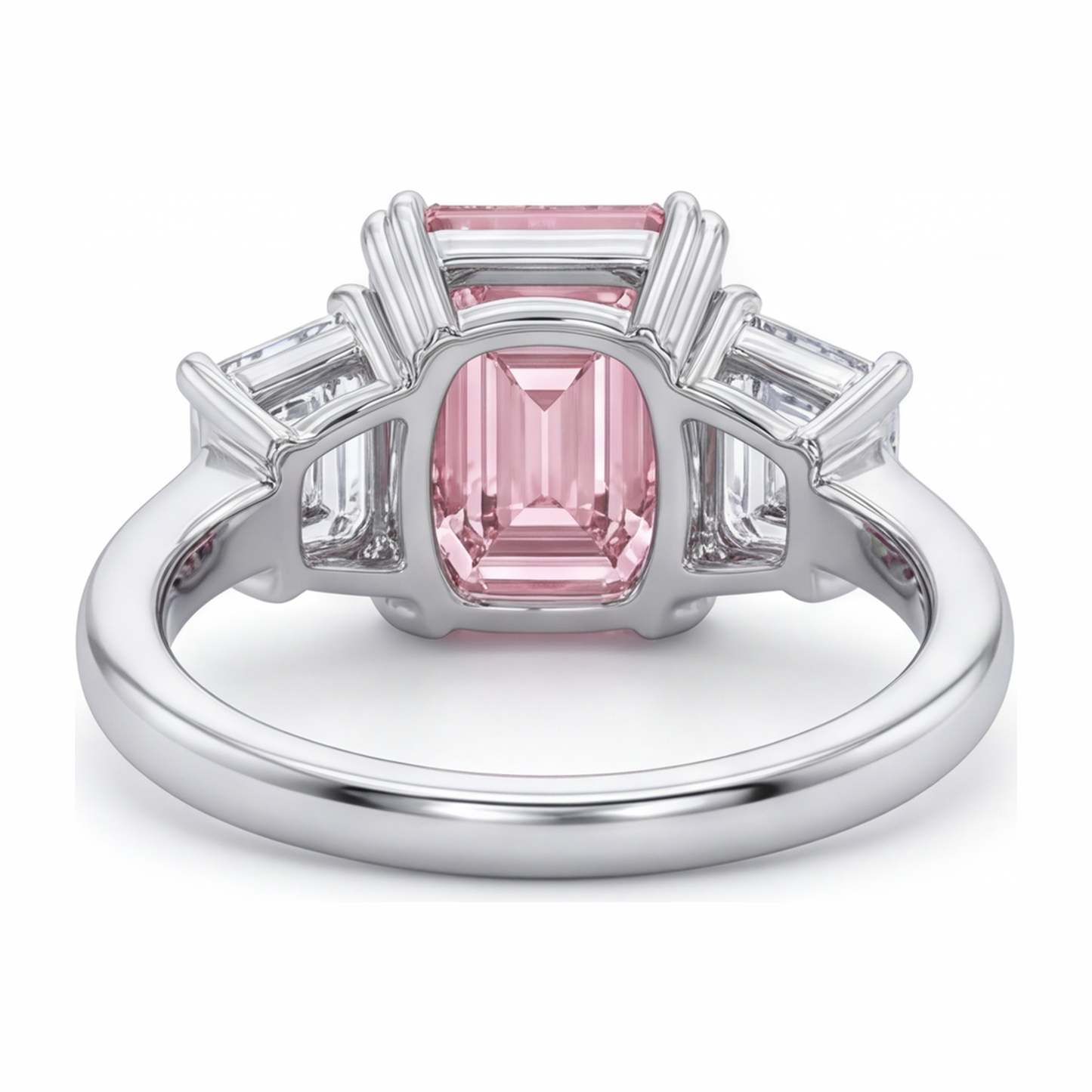 Im Labor gezüchteter rosa Diamant 2,75 Karat Drei-Steine-Ring im Smaragdschliff aus 14 Karat Weißgold