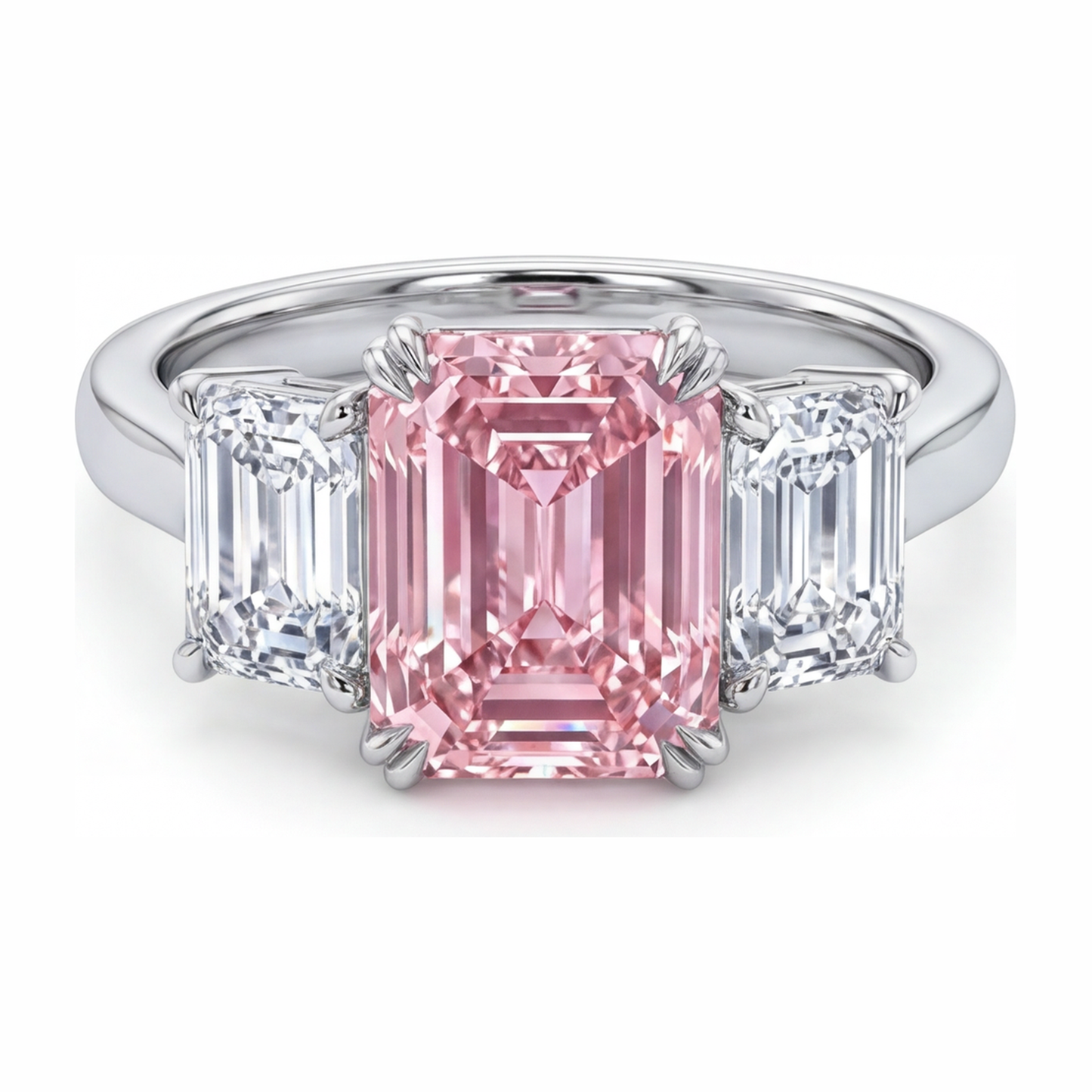 Im Labor gezüchteter rosa Diamant 2,75 Karat Drei-Steine-Ring im Smaragdschliff aus 14 Karat Weißgold