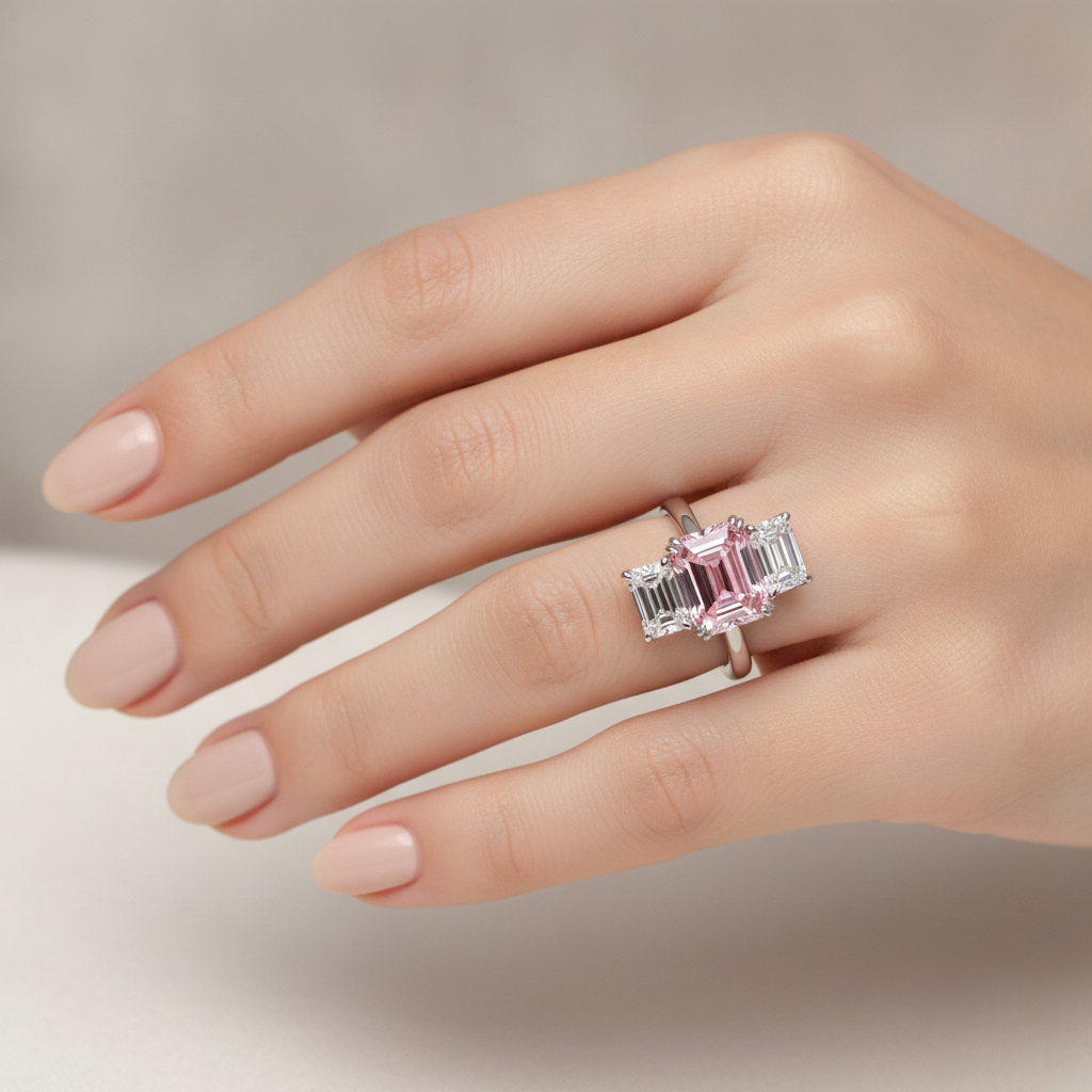 Im Labor gezüchteter rosa Diamant 2,75 Karat Drei-Steine-Ring im Smaragdschliff aus 14 Karat Weißgold