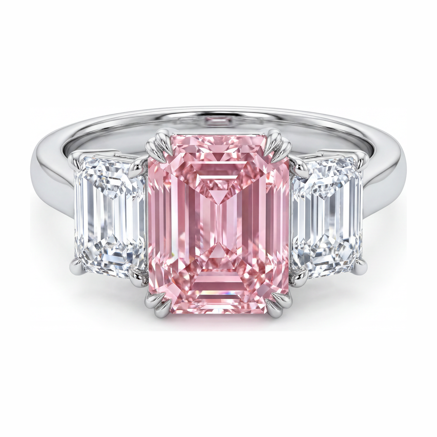 Im Labor gezüchteter rosa Diamant 2,75 Karat Drei-Steine-Ring im Smaragdschliff aus 14 Karat Weißgold
