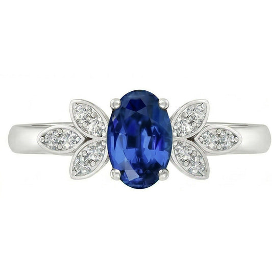 2.85 Karat Ceylon Blauer Saphir und Aus der Erde Abgebauter Natürlicher Diamanten Ring Weißgold 14K