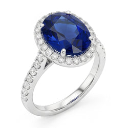 2.90 Karat Oval Blauer Saphir & Runder Verlobungsring WG 14K