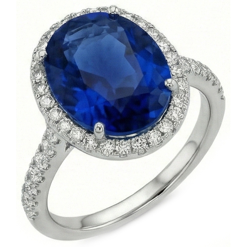 2.90 Karat Oval Blauer Saphir & Runder Verlobungsring WG 14K