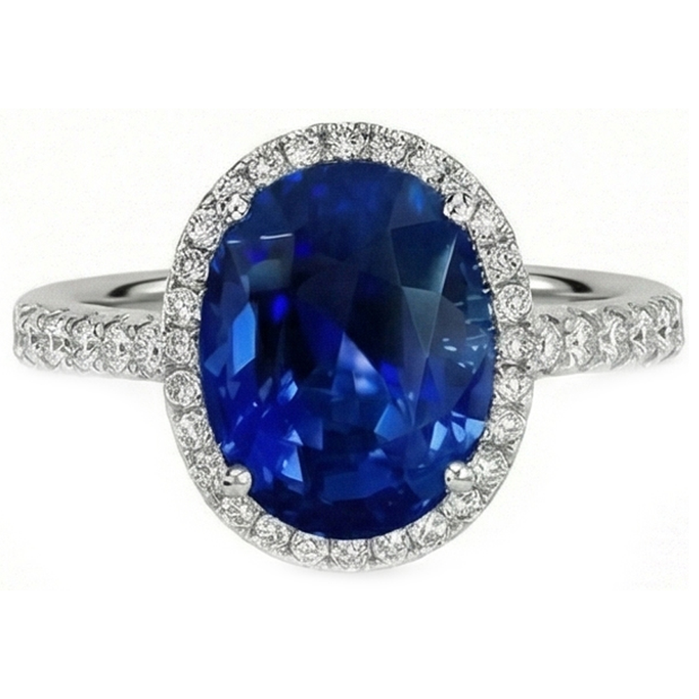 2.90 Karat Oval Blauer Saphir & Runder Verlobungsring WG 14K