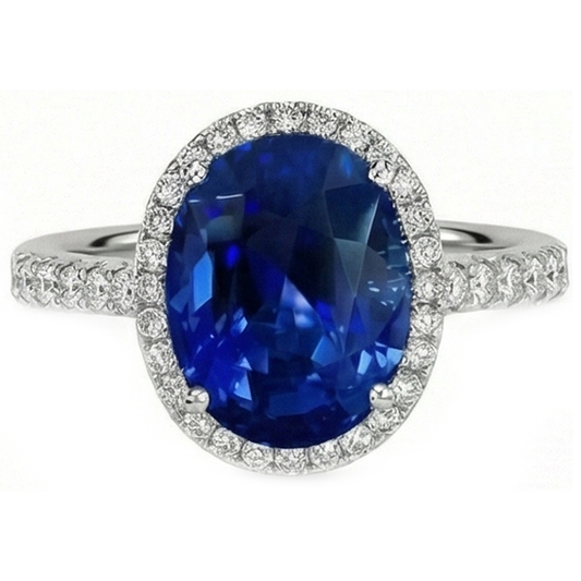 2.90 Karat Oval Blauer Saphir & Runder Verlobungsring WG 14K