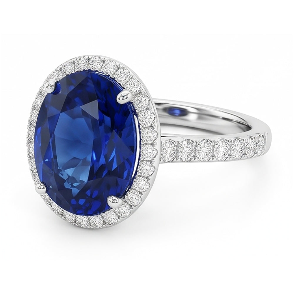2.90 Karat Oval Blauer Saphir & Runder Verlobungsring WG 14K