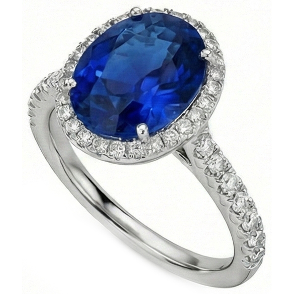 2.90 Karat Oval Blauer Saphir & Runder Verlobungsring WG 14K