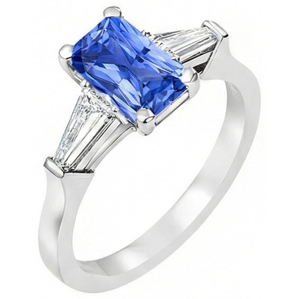 2 Karat Damenschmuck Blauer Saphir Ring Tapered Baguette 3 Steine