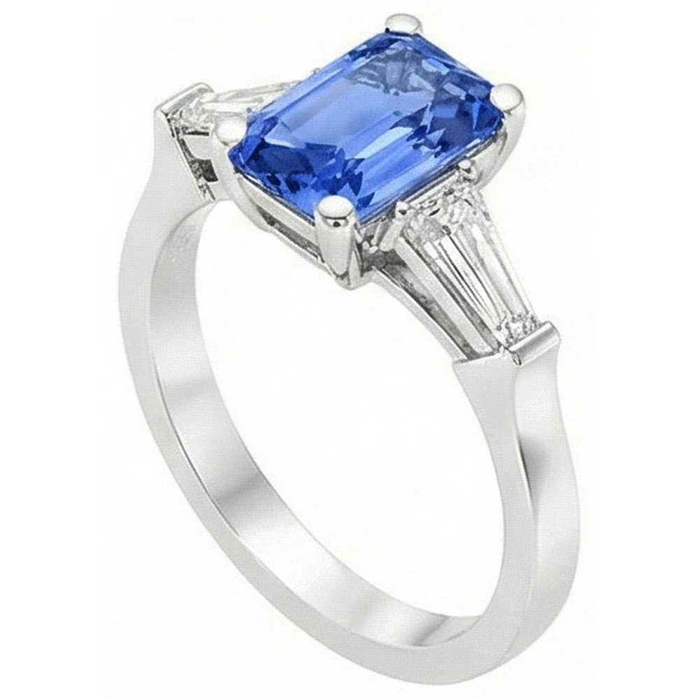 2 Karat Damenschmuck Blauer Saphir Ring Tapered Baguette 3 Steine