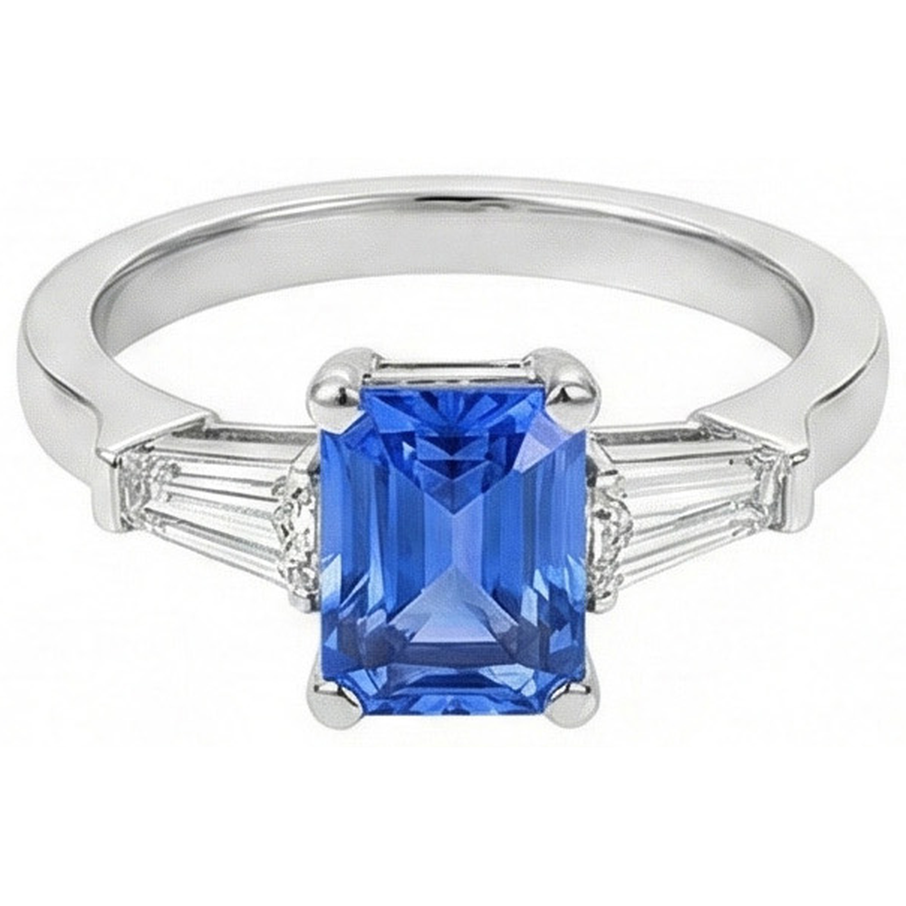 2 Karat Damenschmuck Blauer Saphir Ring Tapered Baguette 3 Steine