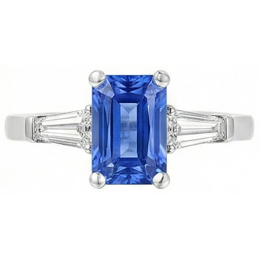2 Karat Damenschmuck Blauer Saphir Ring Tapered Baguette 3 Steine