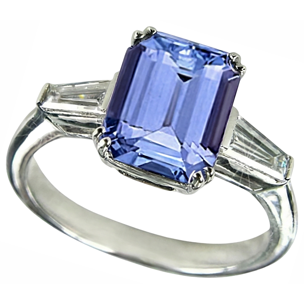 2 Karat Drei-Stein-Ehering aus Tansanit und Baguette-Aus der Erde Abgebauter Natürlicher Diamant