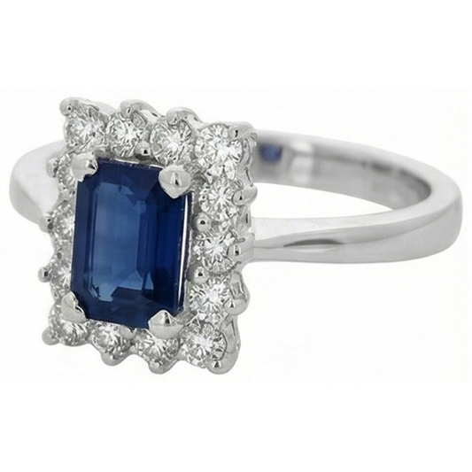 2 Karat Smaragd Ceylon Saphir und Aus der Erde Abgebauter Natürlicher Diamant Ring Weißgold 14K