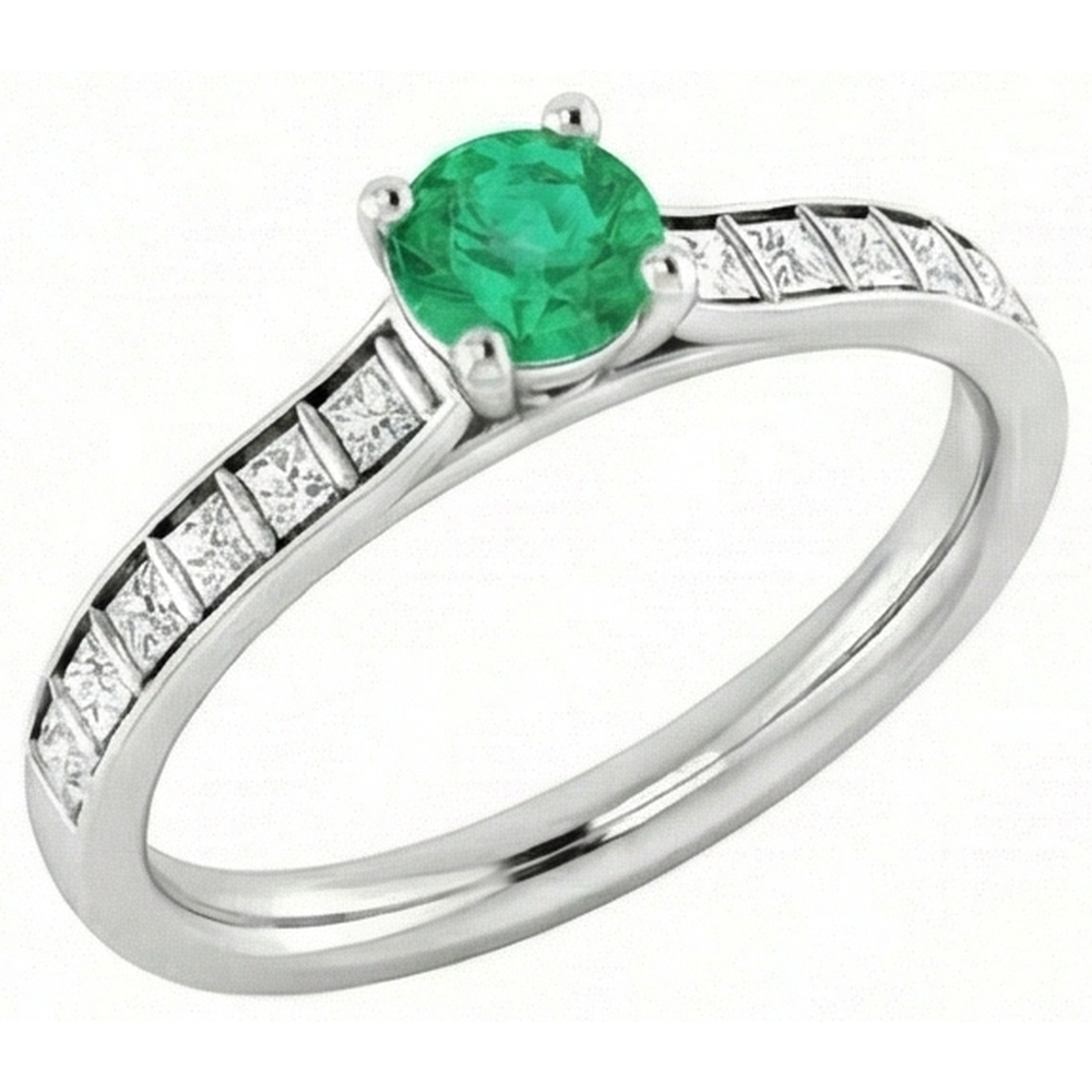 2 Karat runder grüner Smaragd-Aus der Erde Abgebauter Natürlicher Diamant-Ring Weißgold 14K