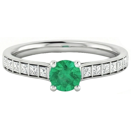 2 Karat runder grüner Smaragd-Aus der Erde Abgebauter Natürlicher Diamant-Ring Weißgold 14K