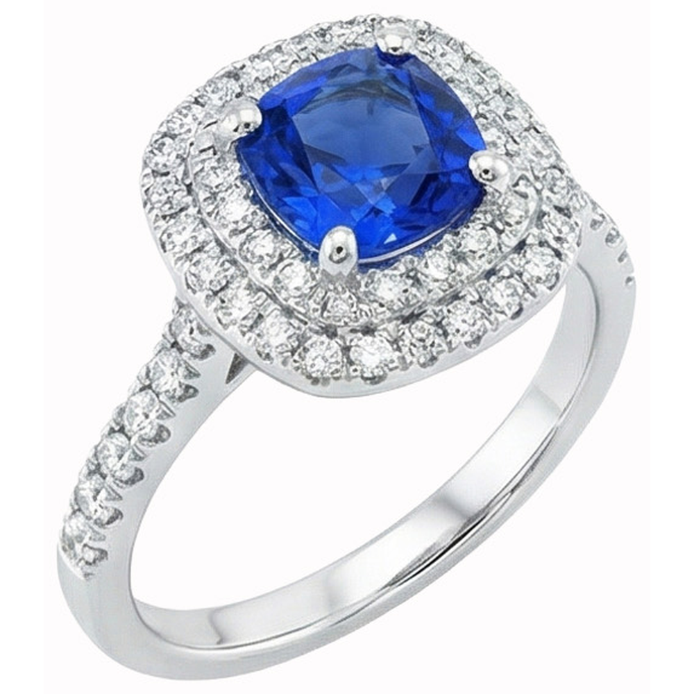 2 Kt Blauer Kissen Saphir Und Halo Runder Aus der Erde Abgebauter Natürlicher Diamantring 14 Karat Weißgold