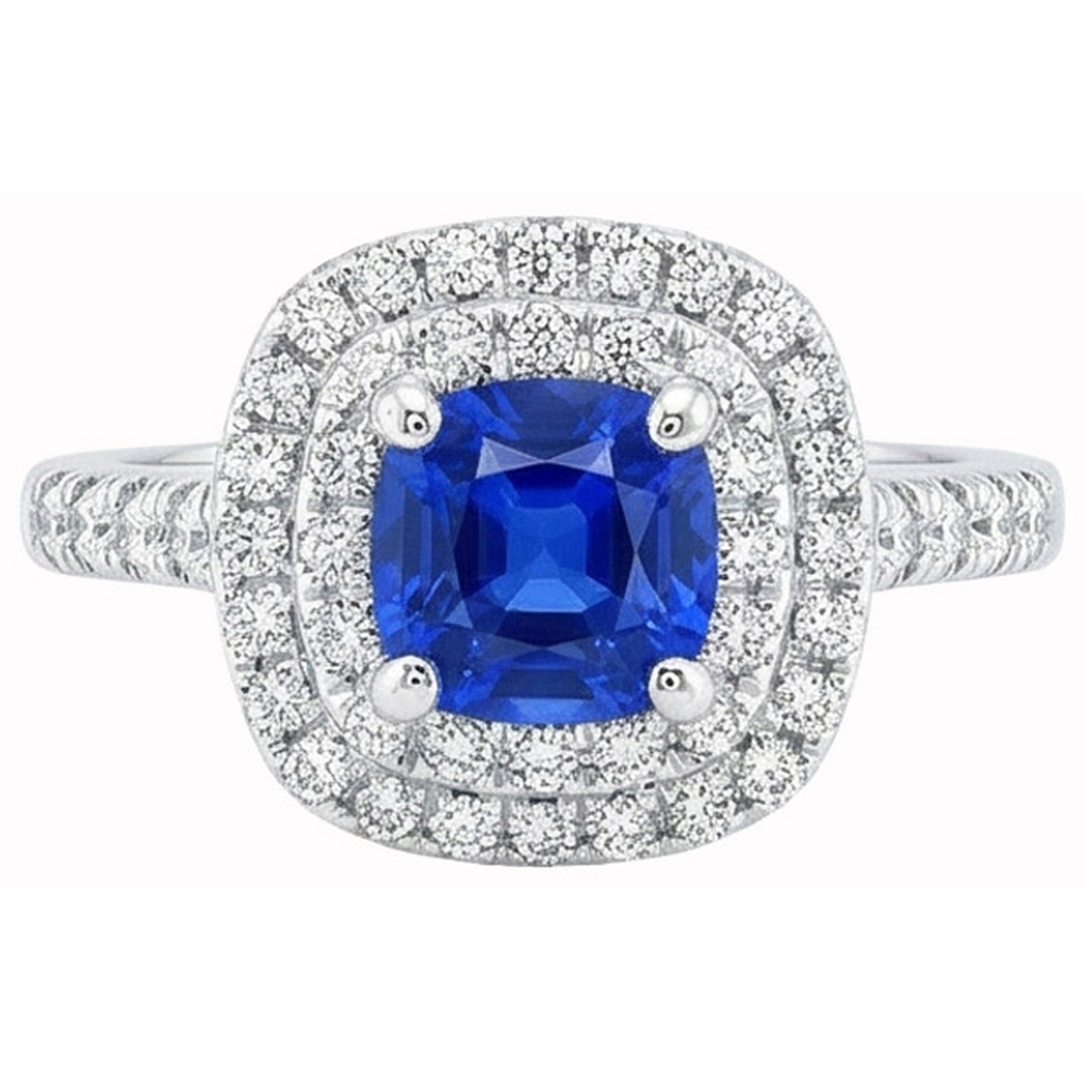 2 Kt Blauer Kissen Saphir Und Halo Runder Aus der Erde Abgebauter Natürlicher Diamantring 14 Karat Weißgold