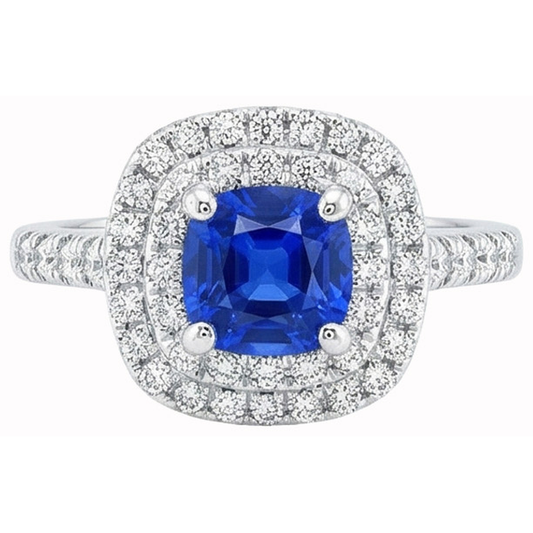 2 Kt Blauer Kissen Saphir Und Halo Runder Aus der Erde Abgebauter Natürlicher Diamantring 14 Karat Weißgold
