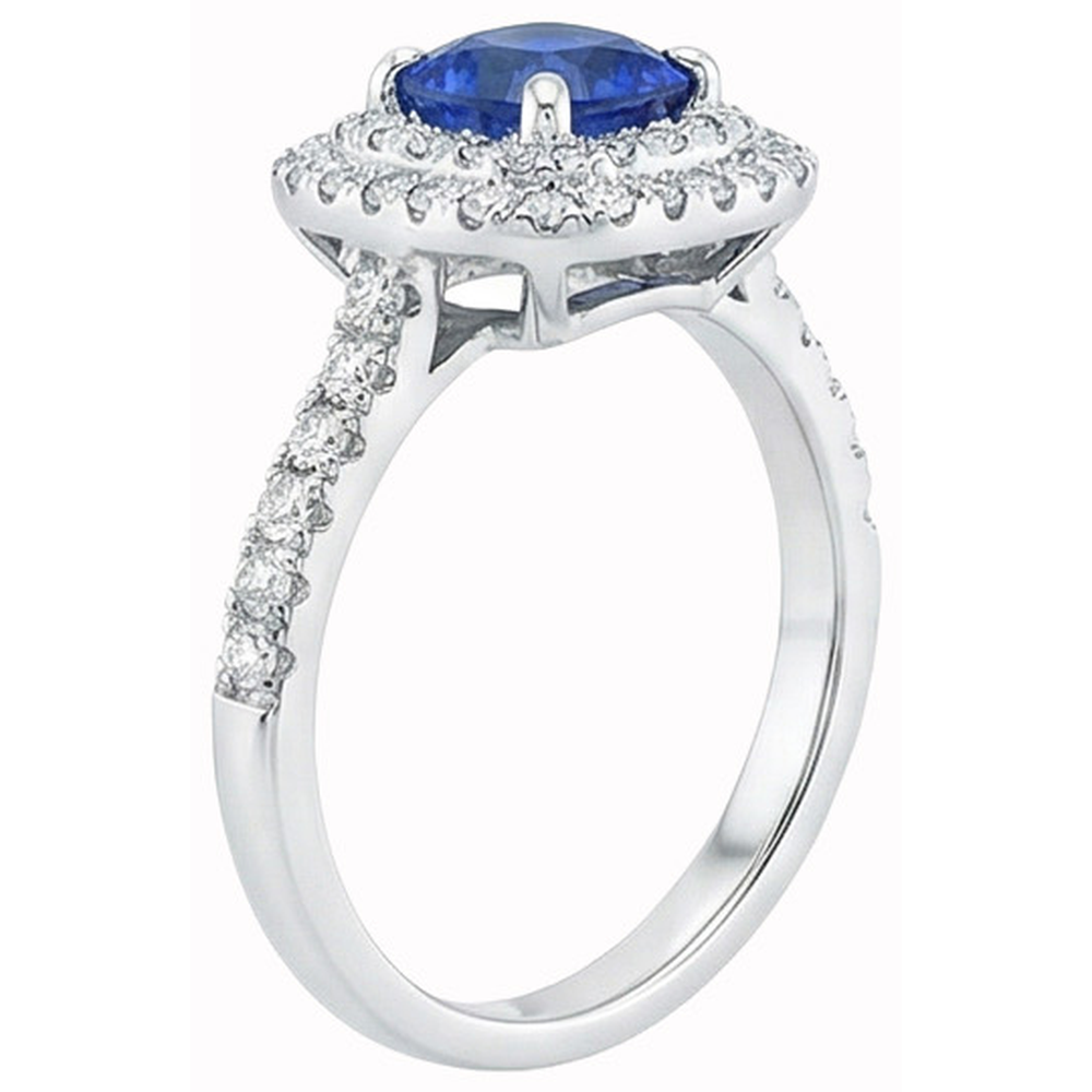 2 Kt Blauer Kissen Saphir Und Halo Runder Aus der Erde Abgebauter Natürlicher Diamantring 14 Karat Weißgold