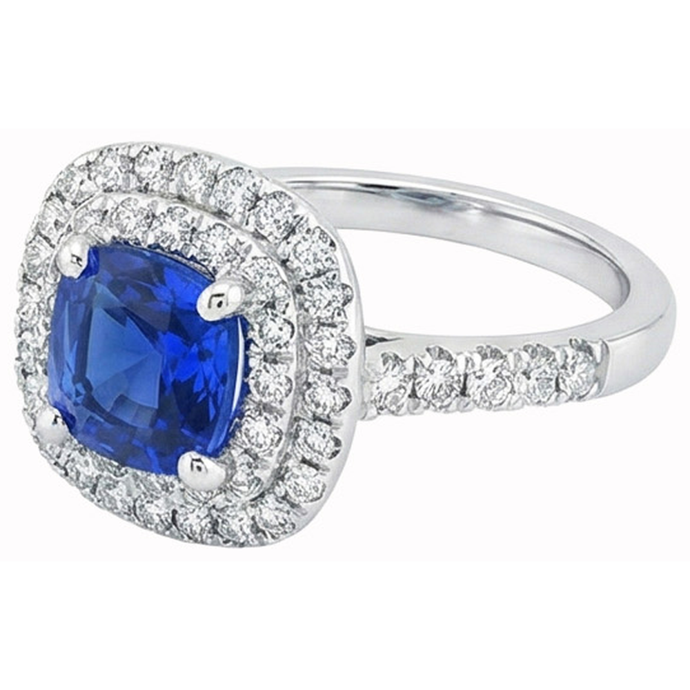 2 Kt Blauer Kissen Saphir Und Halo Runder Aus der Erde Abgebauter Natürlicher Diamantring 14 Karat Weißgold