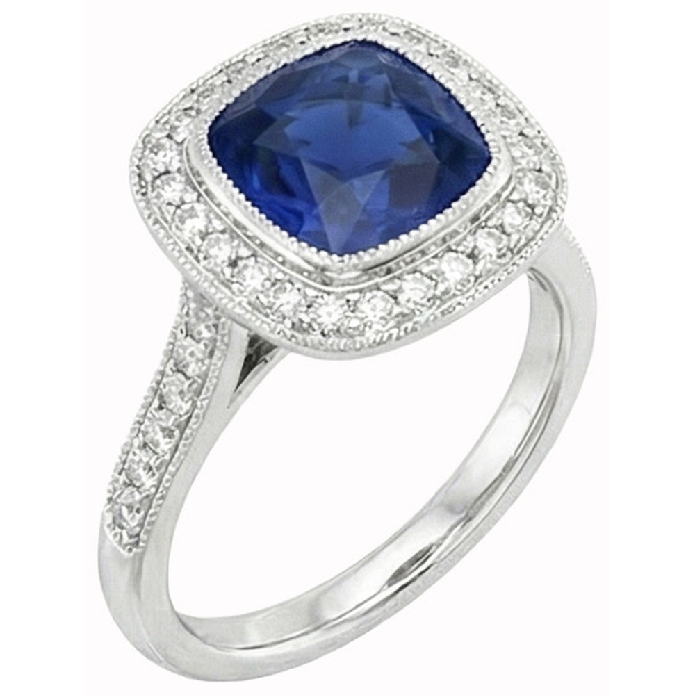 2 Kt. Cushion Cut Ceylon Saphir Und Aus der Erde Abgebauter Natürlicher Diamant Ring Weißgold 14K