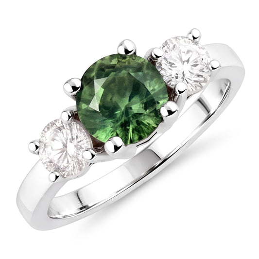 2 Kt Grüner Saphir Aus der Erde Abgebauter Natürlicher Diamant Drei Steine Ehering 14K Weißgold