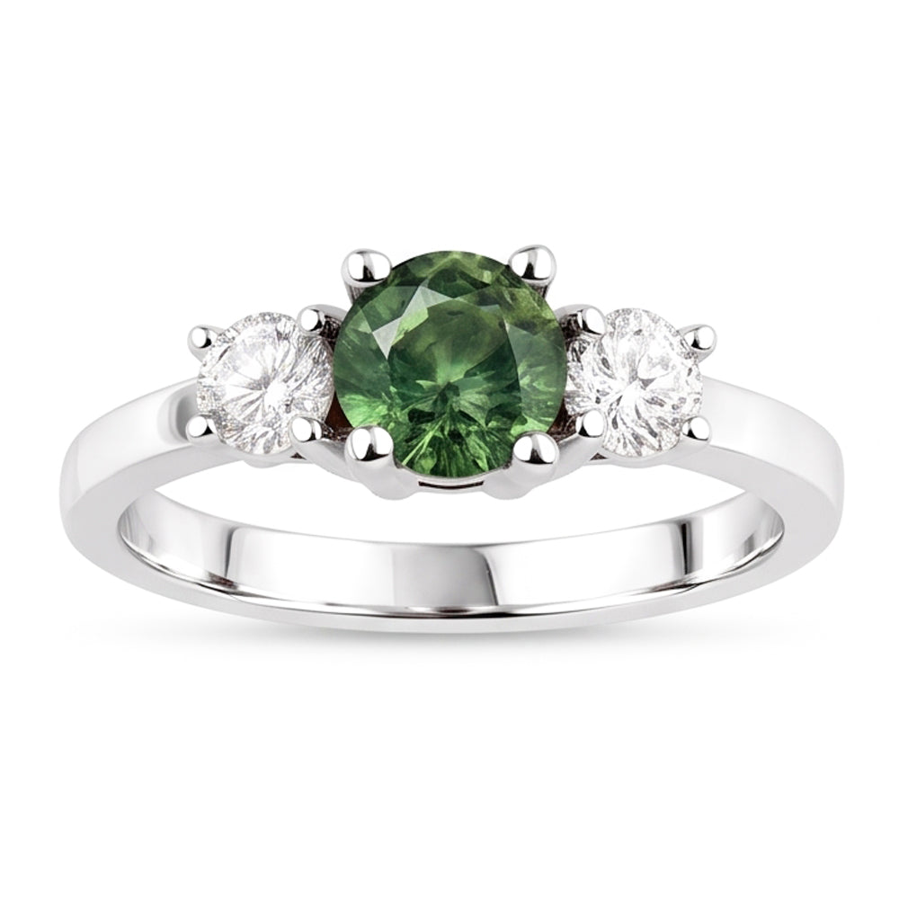 2 Kt Grüner Saphir Aus der Erde Abgebauter Natürlicher Diamant Drei Steine Ehering 14K Weißgold
