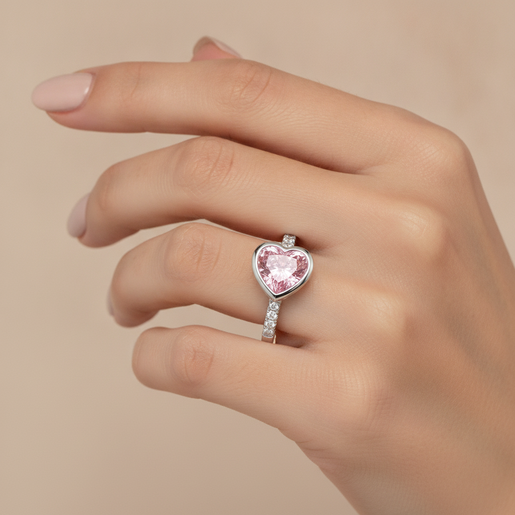 Rosa Herz-Diamantring, 2 Karat, im Labor gezüchtet, Lünette, 14 Karat Weißgold