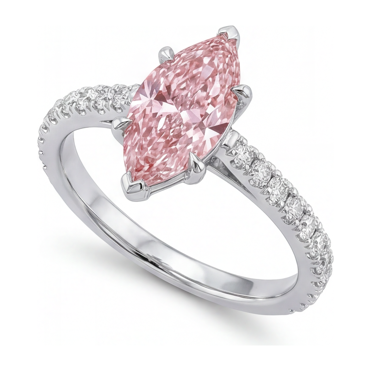 Rosa Diamantring 2 Karat im Labor gezüchtet Marquise Pavé 14 Karat Weißgold