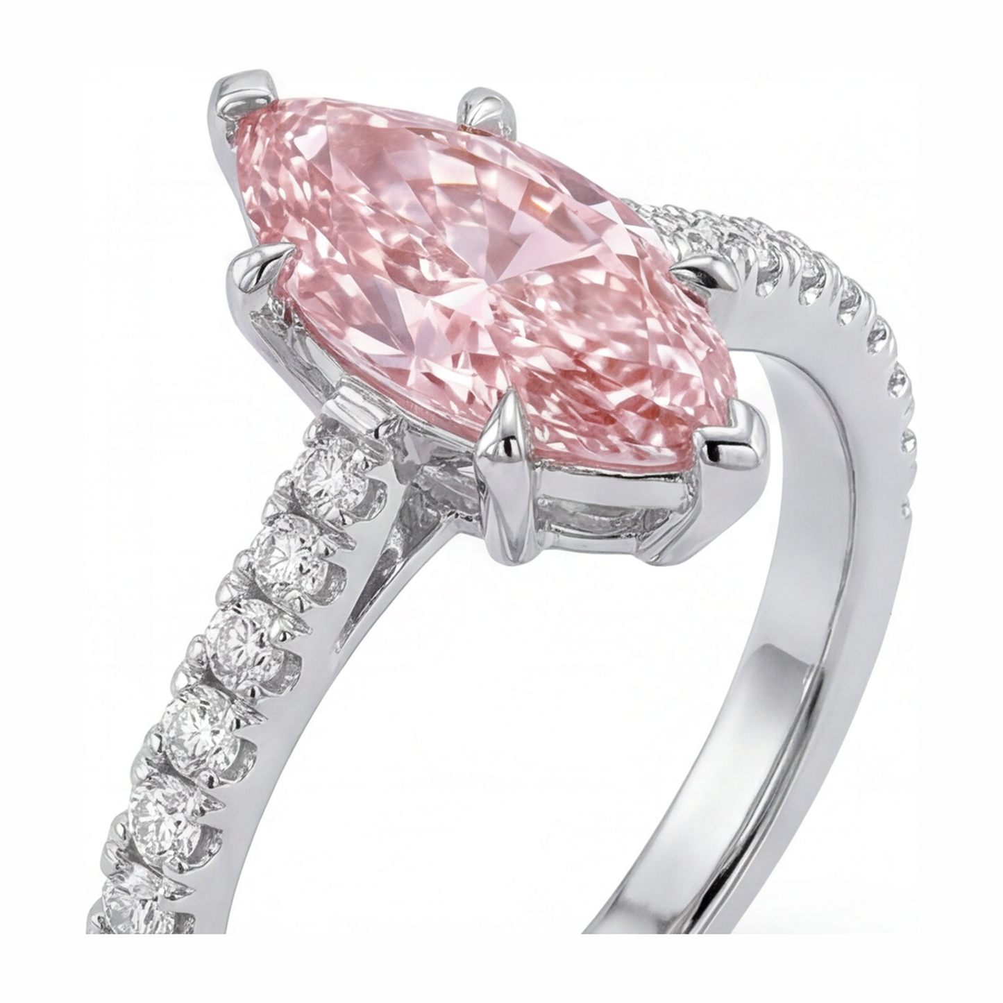 Rosa Diamantring 2 Karat im Labor gezüchtet Marquise Pavé 14 Karat Weißgold