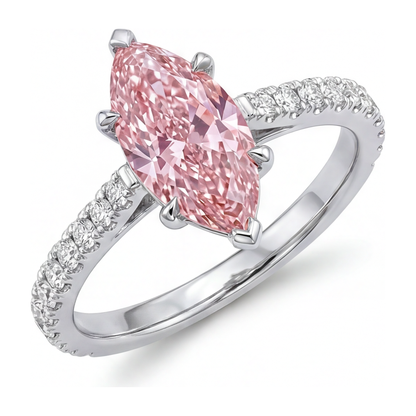 Rosa Diamantring 2 Karat im Labor gezüchtet Marquise Pavé 14 Karat Weißgold