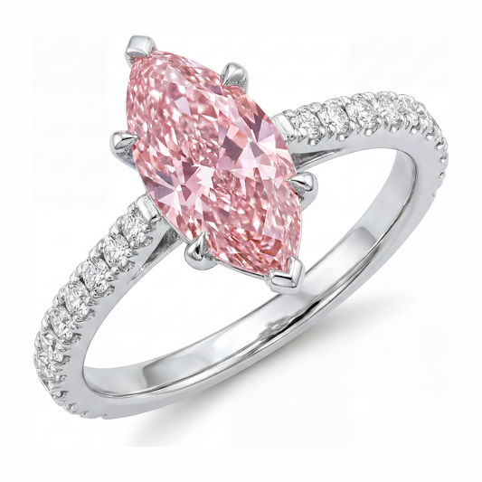 Rosa Diamantring 2 Karat im Labor gezüchtet Marquise Pavé 14 Karat Weißgold