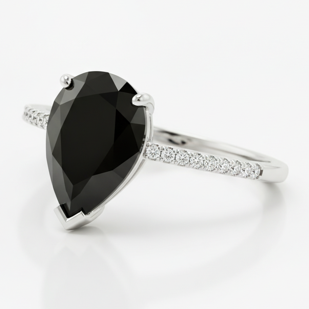 Schwarzer Diamantring 5 Karat Natürlicher Tropfenschliff Pavé Solitär 14 Karat Weißgold