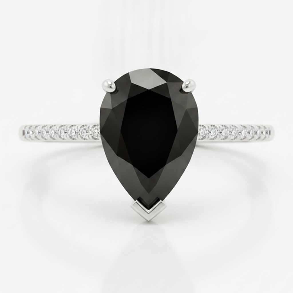 Schwarzer Diamantring 5 Karat Natürlicher Tropfenschliff Pavé Solitär 14 Karat Weißgold