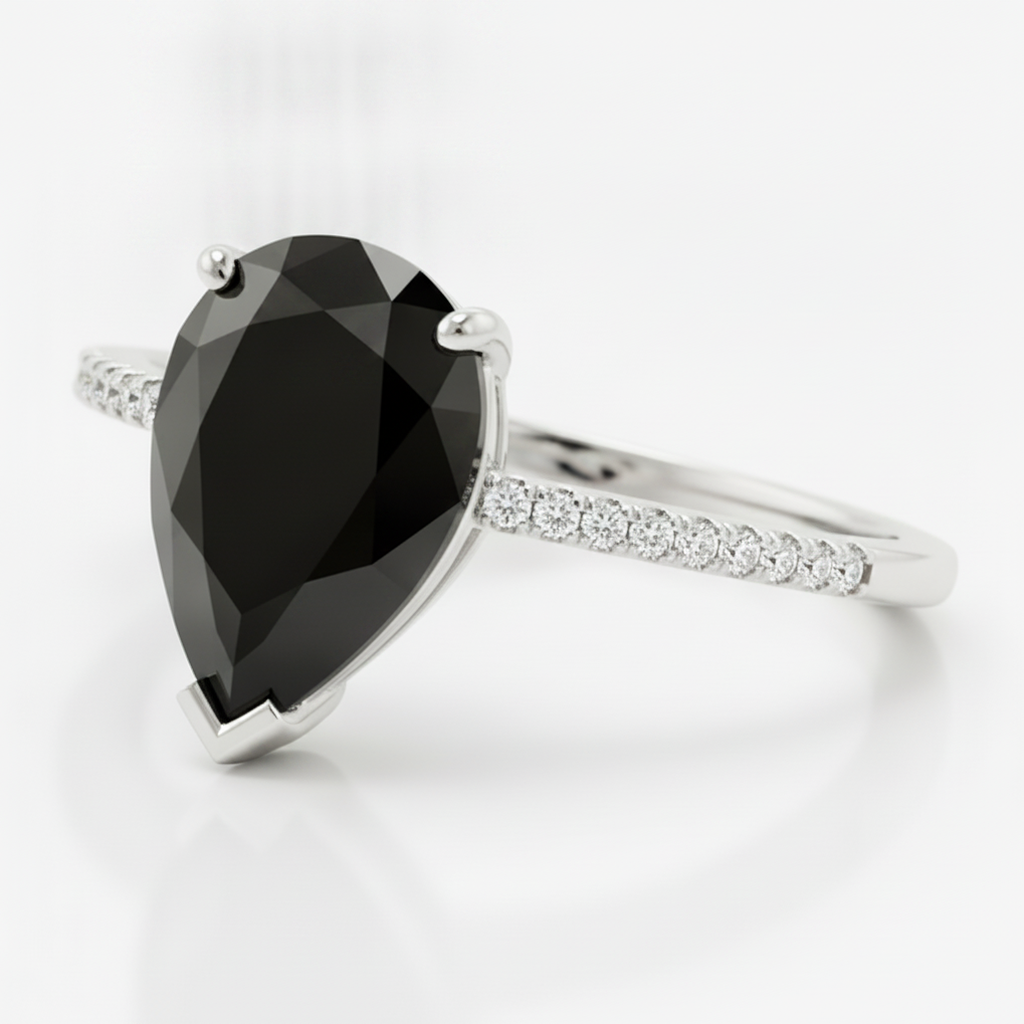 Schwarzer Diamantring 5 Karat Natürlicher Tropfenschliff Pavé Solitär 14 Karat Weißgold